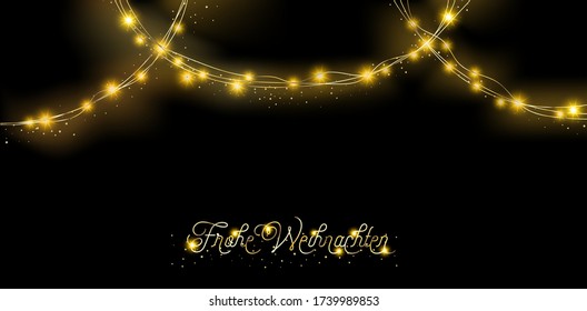 Lights Garland Premium Background. Winter Holidays Sparkling Garland. German Merry Christmas Lettering. Lights Garland, Glitter Texture. Glamour New Year, Christmas Party Banner. Gold, Silver