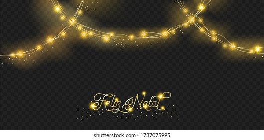 Lights Garland Premium Decoration. Golden, Silver Rich VIP New Year, Christmas Party Border. Lights Garland, Glitter Texture. Portugese Merry Christmas Lettering. Winter Holidays Sparkling Garland.