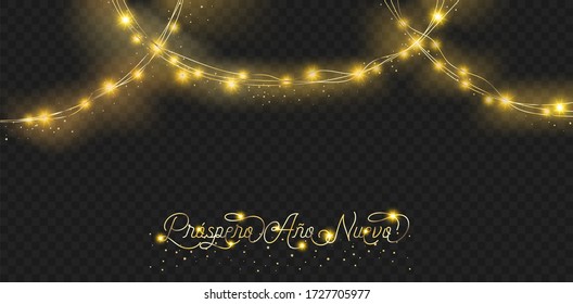 Lights Garland Rich VIP Decoration. Platinum New Year, Christmas Party Scatter. Winter Holidays Sparkling Garland. Lights Garland, Glitter Border. Gold, Silver Spanish Happy New Year Lettering.