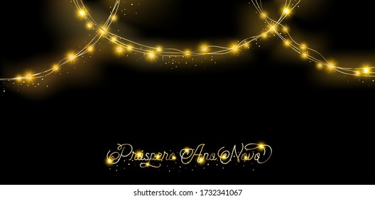 Lights Garland Sparkling Background. Portugese Happy New Year Lettering. Golden, Silver Lights Garland, Glitter Border. Elegant New Year, Christmas Party Pattern. Winter Holidays Sparkling Garland.