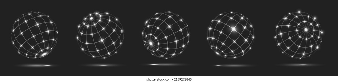 Lights globe grids. Glowing connection spheres, round curved transparent modeling, digital light wireframe balls, circular grid geometric symbols, neon earth globes