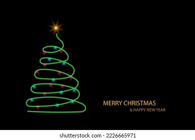 Lights green shiny Christmas tree with a golden glowing star on top and snow on black  background. Holiday celebration. Bright light decoration.