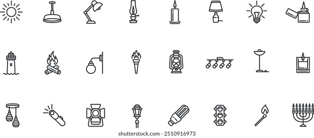 Lights icon set. lamp, table lamp, candle, bulb, lantern, spotlight etc.