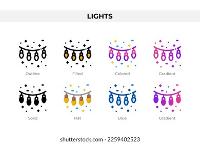 Lights icons in different style. Lights icons set. Holiday symbol. Different style icons set. Vector illustration