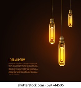 Lights isolated realistic design elements. Glowing lights for  greeting card design. Decoration isolated realistic luminous garland. Decorative antique retro edison bulbs. Vector illustration. EPS 10