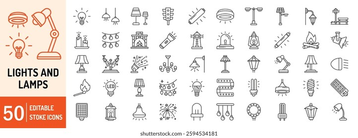 Lights and lamp collections editable stroke outline web icons set. Vector illustration