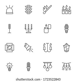 Lights, lamp line icons set, outline vector symbol collection, linear style pictogram pack. Signs, logo illustration. Set includes icons as flashlight, traffic light, candle, burning match, lightbulb