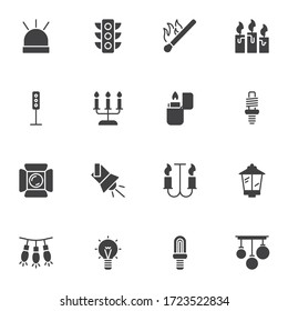 Leuchten, Vektorsymbole-Set für Lampen, moderne solide Symbolsammlung, gefülltes Piktogramm-Paket. Zeichen, Logo-Illustration. Set enthält Symbole wie Taschenlampe, Ampel, Kerze, Brennen, Glühbirne