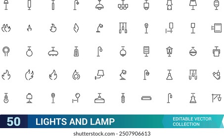 Lights and lamp web and ui icon set. Thin line web icon set. Collection and pack of linear web and ui icons. Editable stroke. Vector illustration.