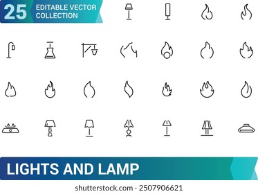 Lights and lamp web and ui icon set. Thin line web icon set. Collection and pack of linear web and ui icons. Editable stroke. Vector illustration.