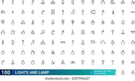 Lights and lamp web and ui icon set. Thin line web icon set. Collection and pack of linear web and ui icons. Editable stroke. Vector illustration.