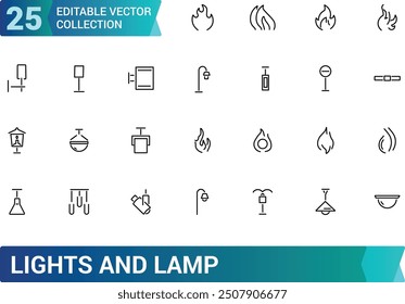Luces y lámpara de Web y ui conjunto de iconos. Conjunto de iconos de Web de línea delgada. Colección y paquete de iconos lineales de Web y UI. Trazo editable. Ilustración vectorial.