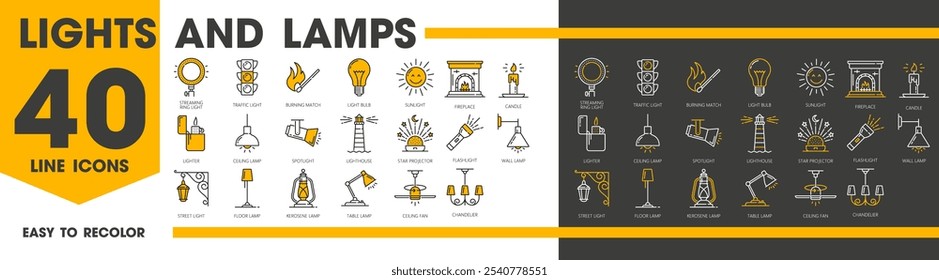 Lights and lamps outline icons. Streaming ring, traffic, street light, lightbulb and sunlight. Fireplace and candle, lighter and spotlight. Lighthouse, star projector, flashlight or wall lamp