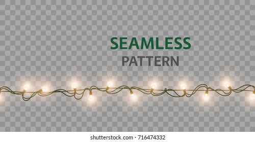 Lights lamps seamless border isolated on transparent background. Vector glowing Christmas garlands string bulbs effect for Xmas Holiday greeting card design. New Year party lights illustration