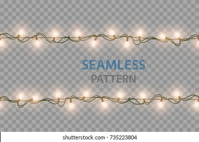 Lights lamps seamless border isolated on transparent background. Vector glowing Christmas garlands string bulbs effect for Xmas Holiday greeting card design. New Year party lights illustration.