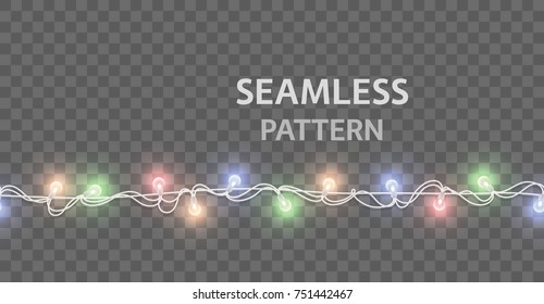 Lights lamps seamless border isolated on transparent background. Vector glowing Christmas garlands string bulbs effect for Xmas Holiday greeting card design. New Year party lights illustration