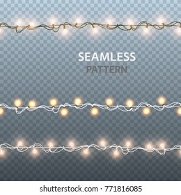 Lights lamps seamless borders set isolated on transparent background. Vector glowing Christmas garlands string bulbs effect for Xmas Holiday  card design. New Year party lights illustration.