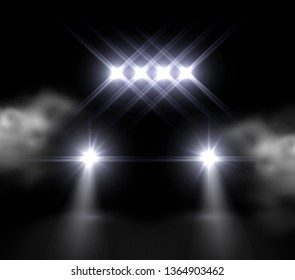 Lights led off road effect front view. Realistic white glow rally car headlights isolated on black background. Vector bright car light beams for race design.
