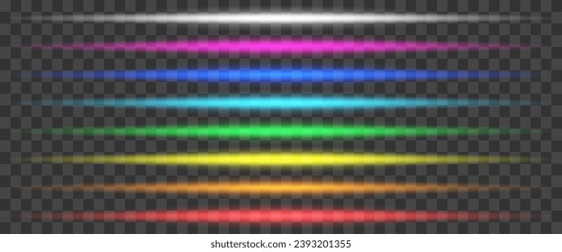 Lights lines set in different colors, luminous neon lines isolated, glowing laser beams streaks on dark background - stock vector