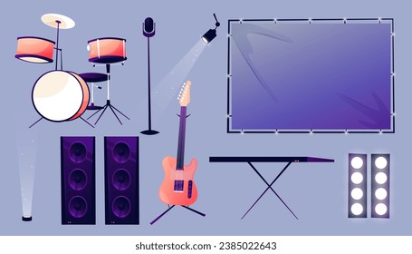 Lights and loudspeakers, musical instruments for stage live concert. Vector isolated drums kit and microphone, guitar and piano keyboard, whiteboard for image and video show effects