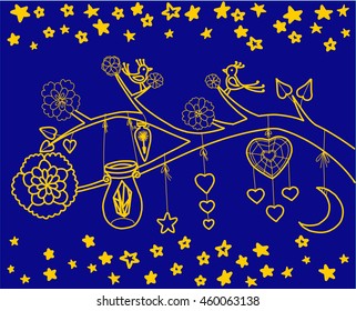 Lights at night, Branch background with birds, flowers, hanging dream catcher, moon, hearts and a mason jar with a gem crystal inside Bohemian poster with star lights, Outline vector Hand drawn sketch