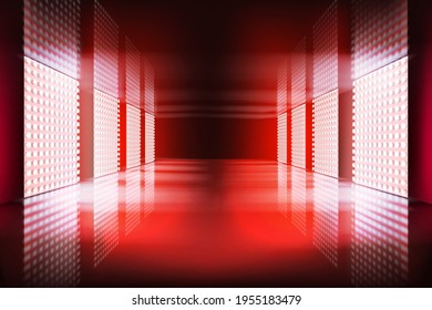 Lights on the stage. Glowing screens in an empty room interior. Show in a television studio. Red abstract background. Vector illustration.