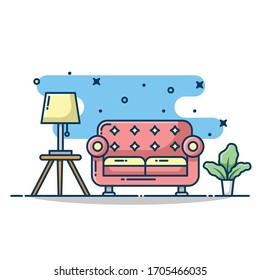 lights on the table, sofas and plant vector illustration. Red sofa isolated on white background. Items for the living room conceptual design idea. Quarantine time. Modern line art style.