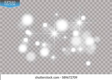 Lights on transparent background. Magic concept. Vector white glitter wave abstract illustration. White star dust trail sparkling particles isolated on transparent background. Magic concept