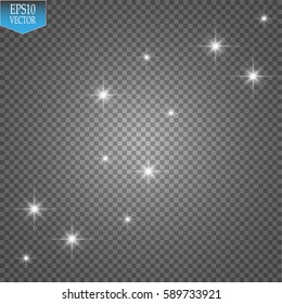 Lights on transparent background. Magic concept. Vector white glitter wave abstract illustration. White star dust trail sparkling particles isolated on transparent background. Magic concept