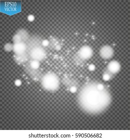 Lights on transparent background. Magic concept. Vector white glitter wave abstract illustration. White star dust trail sparkling particles isolated on transparent background. Magic concept