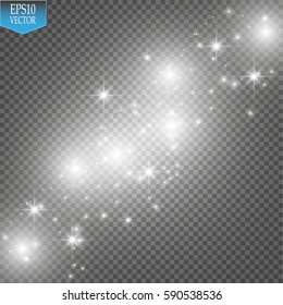 Lights on transparent background. Magic concept. Vector white glitter wave abstract illustration. White star dust trail sparkling particles isolated on transparent background. Magic concept