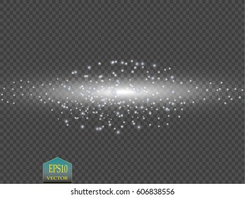 Lights on transparent background. Magic concept. Vector white glitter wave abstract illustration. White star dust trail sparkling particles isolated on transparent background. Magic concept