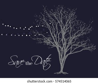 Lights on tree vector. Save the date background. Night glowing lamps hanging on party decoration.