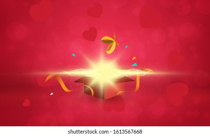 lights open gift box red background vector design..