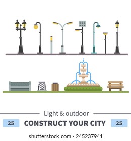 Lights and outdoor elements: bench, fountain, urn. Set of elements for construction of urban and village landscapes. Vector flat illustration