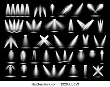 Lights set. Collection of projector light beam. Studio projection. Nightclub illumination. Vector illustration in cartoon style