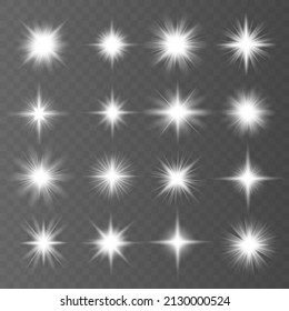 Lights shine, star flash sparkles, vector sunlight lens flare effect. Shine gradient glitter, bright flare. White glowing light explodes on a transparent background. Sun flash with rays and spotlight.