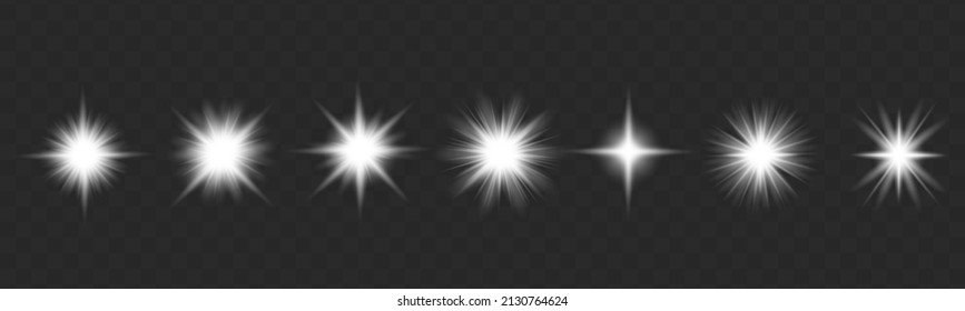 Lights shine, star flash sparkles, vector sunlight lens flare effect. Shine gradient glitter, bright flare. White glowing light explodes on a transparent background. Sun flash with rays and spotlight.