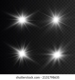 Lights shine, star flash sparkles, vector sunlight lens flare effect. Shine gradient glitter, bright flare. White glowing light explodes on a transparent background. Sun flash with rays and spotlight.