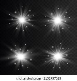 Lights shine, star flash sparkles, vector sunlight lens flare effect. Shine gradient glitter, bright flare. White glowing light explodes on a transparent background. Sun flash with rays and spotlight.