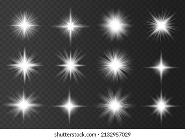 Lights shine, star flash sparkles, vector sunlight lens flare effect. Shine gradient glitter, bright flare. White glowing light explodes on a transparent background. Sun flash with rays and spotlight.