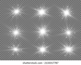 Lights shine, star flash sparkles, vector sunlight lens flare effect. Shine gradient glitter, bright flare. White glowing light explodes on a transparent background. Sun flash with rays and spotlight.