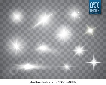 Lights sparkles collection. Vector illustration of glowing lens flares, flashes and sparks.