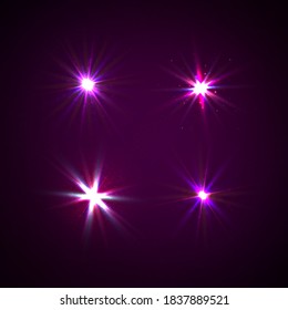 Lights sparkles isolated, lens flare, explosion, glitter, line, sun flash, spark and stars. Blue and violet glowing effect. Purple glowing light. Set of glowing stars. Vector illustration. 