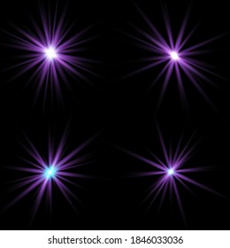 Lights sparkles isolated, lens flare, explosion, glitter, line, sun flash, spark and stars. Blue and violet glowing effect. Purple glowing light. Set of glowing stars. Vector illustration. 