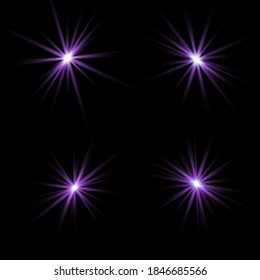 Lights sparkles isolated, lens flare, explosion, glitter, line, sun flash, spark and stars. Blue and violet glowing effect. Purple glowing light. Set of glowing stars. Vector illustration. 