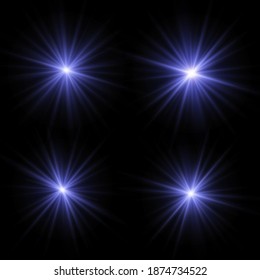 Lights sparkles isolated, lens flare, explosion, glitter, line, sun flash, spark and stars. Blue and violet glowing effect. Purple glowing light. Set of glowing stars. Vector illustration
