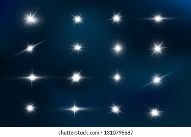 Lights sparkles isolated. Vector illustration of glowing lens flares and sparks.