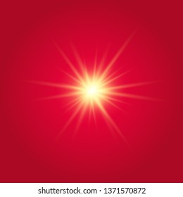 Lights sparkles isolated. Vector illustration of yellow glowing lens flares and sparks, red background.