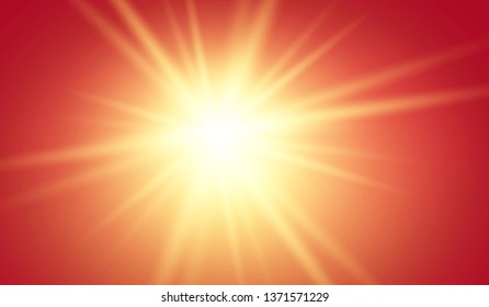 Lights sparkles isolated. Vector illustration of yellow glowing lens flares and sparks, red background.